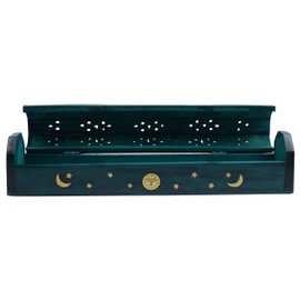 OM SHRI OM, Sun, Moon, and Stars Brass Inlay Design Wooden Coffin Incense Burner for Incense Sticks and Cones (Blue)
