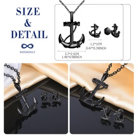 INFINIONLY Men's Stainless Steel Necklaces and Earrings Jewellery Sets Vintage Chains with Anchor Pendant for Teenagers Fashion Anchor Stud Earrings for Boys Women, Stainless Steel