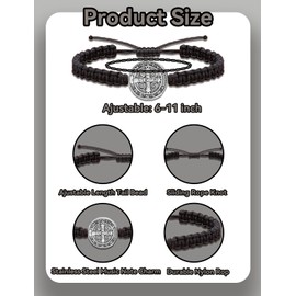 Daxtril 2 PCS Catholic Bracelet San Benito Bracelet Saint Benedict, Medal Adjustable String Bracelets Religious Gifts for Men Women Gifts (Silver)