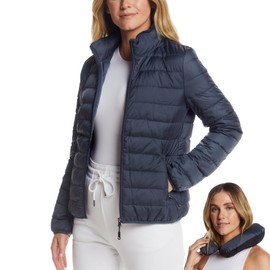 Weatherproof Women's Packable Puffer Jacket with Travel Neck Pillow - Lightweight, Warm, Water-Resistant Down Jacket (X-Large) Pewter | Quilted, Packable Travel Jacket with Long Zipper