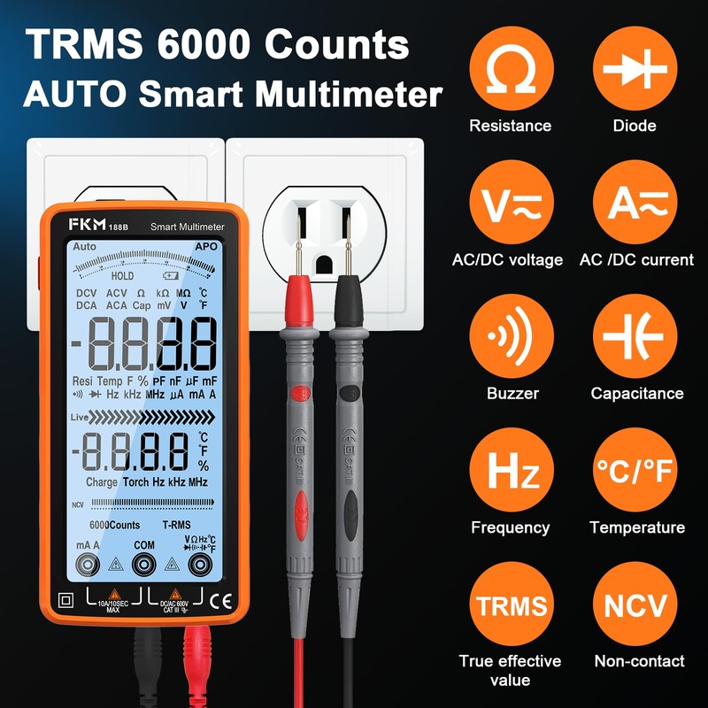 FKM Digital Multimeter Tester Auto-Ranging TRMS 6000 Counts Smart Rechargeable