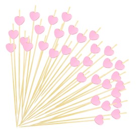 FUGUIR 100 Pcs Pink Heart Cocktail Picks 4.7 Inch Long Fruit Sticks Pink Hearts Toothpicks Bamboo Cocktail Skewers for Wedding Birthday Valentines Day Decoration Party Supplies