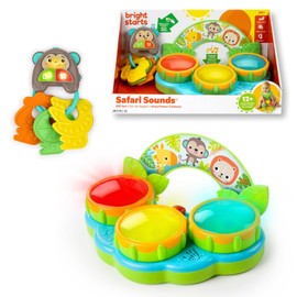 Bright Starts Set de Regalo Safari Sounds, Paquete de 2 Juguetes para Bebé para Llevar, Juguete Musical de Tambor y Juguete de Llaves de Carro con Sonidos de Carro, Tema Unisex de la Selva, 3-6 Meses