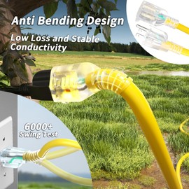 25ft 10 Gauge Outdoor Extension Cord Waterproof with Lighted Indicator,10 AWG SJTW Heavy Duty 15Amp 1875W,3 Prong Cords Flexible Copper Yellow ETL Listed