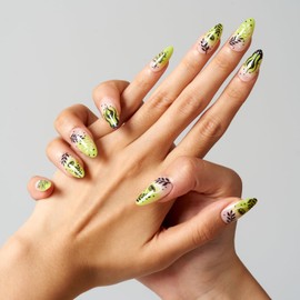 GLAMERMAID Press on Nails Medium Almond,UV Green False Nails with Gothic Ombre Design,Gel Glue on Nails Reusable Full Cover Manicure Set for Women