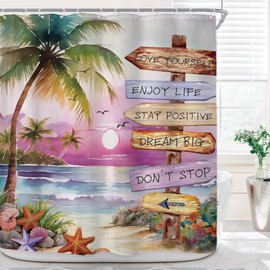 Riyidecor Tropical Beach Palm Tree Shower Curtain for Bathroom Decor 72Wx72H Purple Ocean Sea Quotes Coastal Sunset Scenery Inspirational Art Printed Fabric Polyester Waterproof 12 Pack Plastic Hooks