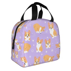 weecool Purple Corgi with Smiling Cute Face Lunch Bag for Women Men, Kawaii Dog Corgi Insulated Lunch Box Container with Frond Pocket for Work Picnic Travel