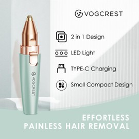 VG VOGCREST Eyebrow Facial Trimmer: 2 in1 Rechargeable Facial Hair Removal and Eyebrow Shaver - Face Lips Body Painless Facial Razor with Built-in LED Light (Pastel Green)