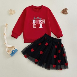 YINGISFITM Toddler Girl Valentines Day Outfit Letter Sweatshirt Love Heart Tutu Skirts Sets Little Girl Valentine Clothes (Red, 4-5T)