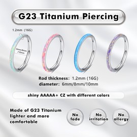 ESHIONER G23 Titanium Septum Piercing Helix Ring Nose Piercing Ring Nose Ring Piercing Ear Nostril Tragus Conch Daith Clicker Lip Piercing Nose Rings Opal Hypoallergenic Gold Silver 18G 16G 6 mm / 8