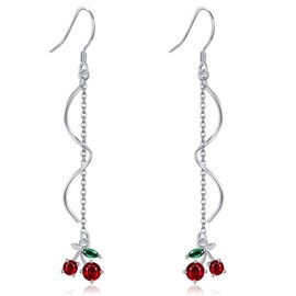 CUPENDA Cherry Earrings Sterling Silver Red Cherry Dangle Drop Earrings Spiral Long Wire Earrings Fruit Jewelry for Women