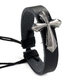 FineryGal Cross Leather Wrap Bracelets for Men Women Black Jesus Christ Cross Pointed Wristband for Dad Brother Son