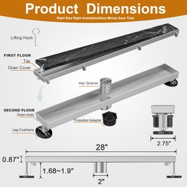 EBYTE Brushed Nickel Linear Shower Drain - SUS 304 Stainless Steel Shower Drain Kit, 28 Inch Linear Drain with 2-in-1 Tile Insert Cover & Adjustable feet, Long Rectangle Floor Drain Hair Strainer