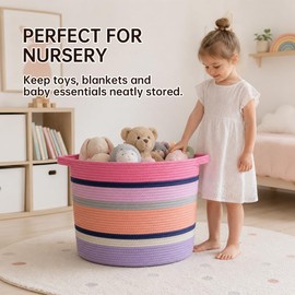 ROPECUBE Pink Large Blanket Basket with Handles, 55 L Woven Rope Toy Basket, Foldable Storage Bin for Blankets, Toys & Laundry, stuffy storage for Bedroom & Playroom&Living room (17.7"D * 13.8"H)