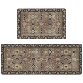 AQQA Vintage Inspired Kitchen Mat Set of 2,Farmhouse Kitchen Rugs and Mats Non Skid Washable, Distressed Thin Runner Rugs with Rubber Backing for Kitchen Decor Accessories (Olive-17 x27+17"x47")