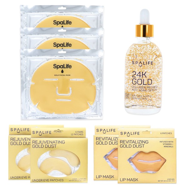 Spa Life Gold Skin Care 8 Pack Set with Facial Mask, Serum, Lip and Eye Mask