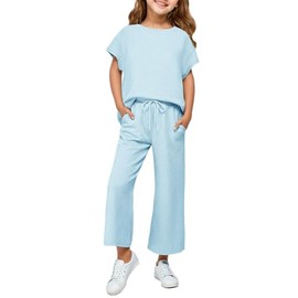 Samrise Kids Clothes Girls Cap Sleeve Tops and Wide Leg Pants 2 Piece Set Outfit with Pockets