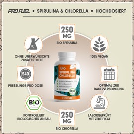 Organic Spirulina & Chlorella Pellets 540x - Optimal High Dose - 3000 mg Spirulina & 3000 mg Chlorella from Controlled Organic Cultivation - No Additives - Laboratory Tested with Certificate - 100%