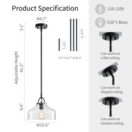 WUZUPS Chandelier Rustic Farmhouse Industrial Round Ceiling Pendant LED Light Fixture with Clear Glass Shades for Dining Room Kitchen Island Foyer Entryway, H 9.4" x W 10.6", E26 Base, Black