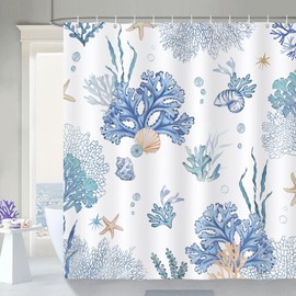 Bonhause Shower Curtain Blue Coral Beach Nautical Coast Shower Curtains 180 x 180 cm Anti-Mould Waterproof Polyester Fabric Washable Bathroom Curtain for Bathroom with 12 Hooks