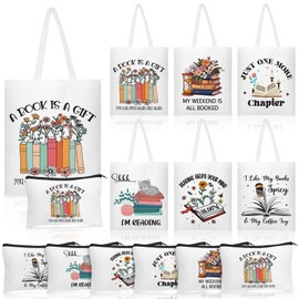 Paterr 12pcs Book Lover Gift Bookish Canvas Tote Bags Book Club Gifts Reading Canvas Tote Bag with Makeup Bag for Women Reading Accessories Library Present