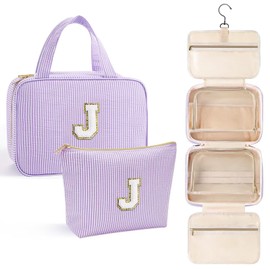 YOOLIFE Travel Toiletry Bag Makeup Bag - Hanging Toiletry Bag for Women, Portable Toiletries Travel Bag and Cosmetic Bag, Airplane Travel Essentials Travel Toiletry Bag - Letter J, Purple