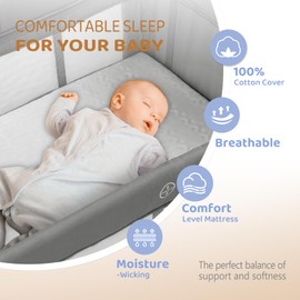 JOYMOR Baby Bedside Bassinet, Baby Bassinet, Pack n Play Convert Playpen, Quick Foldable Travel Bed with Toy, Wheels & Brake, Carry Bag for Boys Girls (Gray)