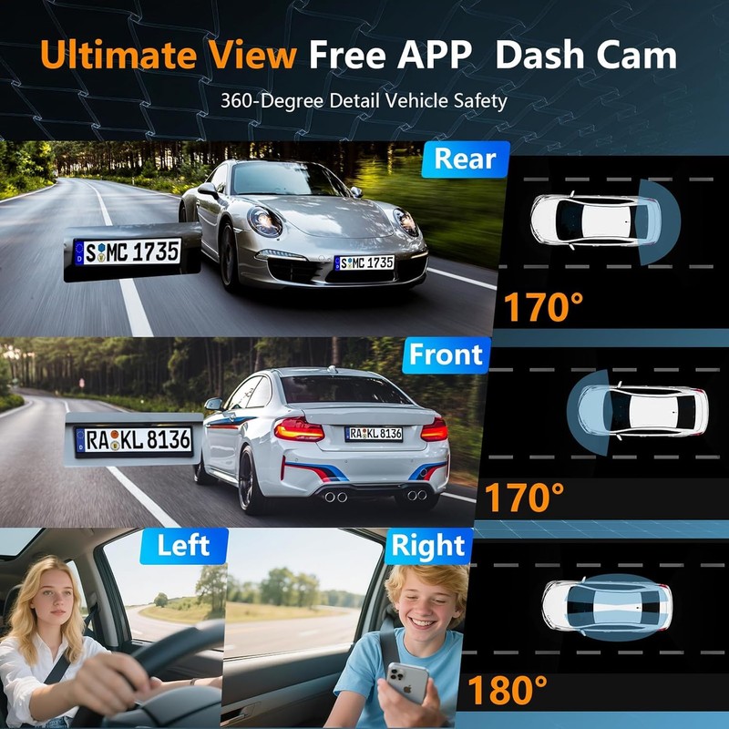 4 Channel Dash Cam Front and Rear Cabin, 360 Dash