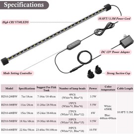 Dirvin 15inch Submersible Aquarium LED Light for Fish Tank, 24/7 Cycle Fish Tank Light with Timer, 27 LED Beads 3 Colors 3 Modes Brightness Adjustable, 8W