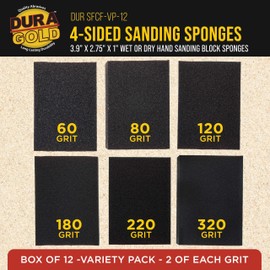 Dura-Gold 4-Sided Hand Sanding Block Sponge Variety Pack, Box of 12, Grits 60, 80, 120, 180, 220, 320-3.9" x 2.75" x 1" Wet or Dry Flexible Sandpaper Pads, Reusable - Sand Wood, Drywall, Metal Paint