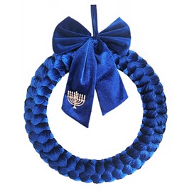 Hanukkah Velvet Wreaths for Front Door, 14" Blue Chanukah Wreath with Bow and Candlestick Ornaments, Hanukkah Decorations for Home Outdoor Indoor Party Table Fireplaces Porch Walls New Years