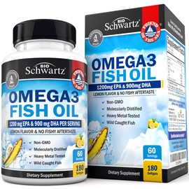 BioSchwartz Triple Strength Omega 3 Fish Oil Supplement - 2250mg EPA DHA Omega 3 Fatty Acids from Fresh Wild Caught Fish, Burpless Lemon Flavor Formula Supports Eye Health and More, Gluten Free, 180 Softgels
