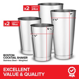 Boston Cocktail Shaker, Drink Mixing Set (18oz & 24oz) Weighted Stainless Steel Shaker Tins, Cocktail & Martini Mixed Drink Shakers, Essential & Professional Bar Tools For Bartending