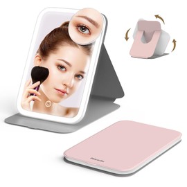 Mocado Travel Makeup Mirro with Lights, 360° Rotation Lighted Makeup Mirror, Portable Mirror with 10x Magnification, 60LEDs 3 Color Lightings, Dimmable Touch Screen, Tabletop Light up Mirror(Pink)