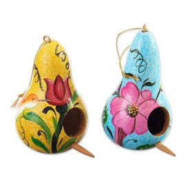 NOVICA Artisan Handmade Dried Gourd Ornaments Floral Yellow Blue Peru Holiday Decor Painted Whimsical 'Summer Homes'(Set of 2)