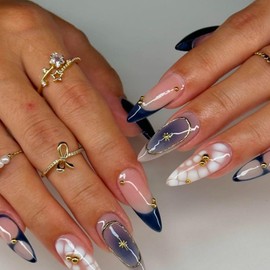 Handmade Press on Nails Medium Almond Fake Nails with Rhinestones Crocodile Design Blue French Tips False Nails Glossy Ombre Stick on Nails Summer Full Cover Star Nails for Women Girls Manicure 24Pcs