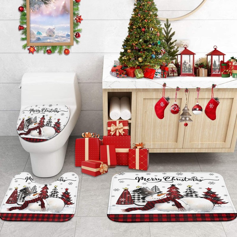 Bathroom Sets with Shower Curtain and Rugs, 4 Pcs, Snowman