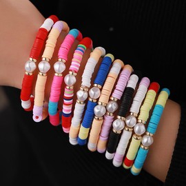 COLORFUL BLING 5-12Pcs Bohemian Love Heart Bead Bracelets for Women Vinyl Disc Heishi Surfer Stackable Stretch Bracelet Summer Beach Boho Jewelry-12pcs pearl
