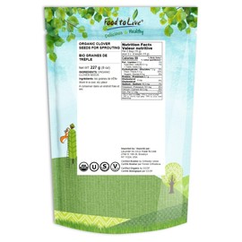 Organic Clover Seeds for Sprouting, 8 Ounces – Non-GMO, Pure, Vegan, Kosher, Bulk. Edible Seeds. Rich in Vitamins, Minerals, Fiber. Great for Growing Sprouts, Microgreens. High Germitation Rate