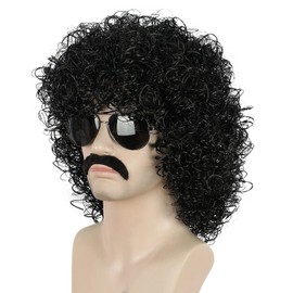 Yuehong Men Black Curly Fluffy Jumbo Afro Wig 70s 80s Disco Rock Wig