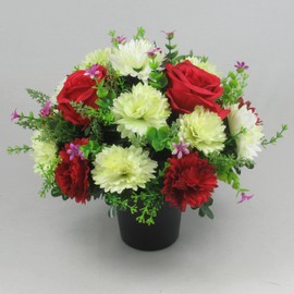 Grave arrangement 26cm (10.5 inches) in grave pot/vase with red roses, and chrysanthemums