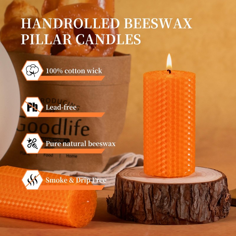 KONNI Beeswax Orange Pillar Candles Set of 3, 2"x 4"