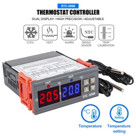 EVTSCAN Latest STC-3008 Dual Display Dual NTC Probe Sensor Digital Temperature Thermostat Controller (24V)