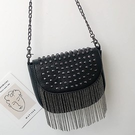 MEGAUK Mini Rivet Handbag Chain Fringe Shoulder Bag Cross Body Bags Elegant Chain Bag Punk Clutch Bag Evening Bag with Chain Strap Metal Shoulder Strap, 05995 Black A