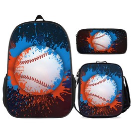 KXZOYLM Fire Baseball Backpacks for School Cool Baseball School Backpacks 3 Pieces Set School Bookbag with Lunch Bag And Pencil Case College Baseball Bookbag for Teen Boys Girls Travel