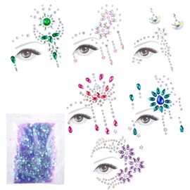 KFHENSOMR 6 Stücke Edelsteine Temporäre Tattoos Glitzersteine Gesicht Glitzer Schmucksteine Strass Gesicht Juwelen Kristalle Strasssteine Glitzer Steine zum Aufkleben für Musikkarneval Party Make-up