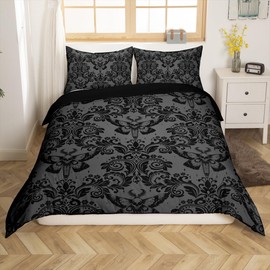Loussiesd Adults Black Vintage Damask Floral Bedding Set Oriental Antique Comforter Cover Set Double Size Gothic Bohemia Boho Flower Duvet Cover Gothic Skull Bedspread Cover