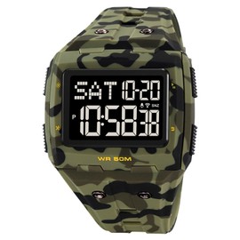 Digital Sports Watch Dual Time Display Night Light Adjustable TPR Band Outdoor Waterproof Watch for Men Women OD Green