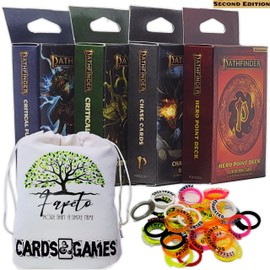 Pathfinder Critical Hit, Critical Fumble, Hero Point & Chase Cards Bundle with Fapeto Travel Drawstring Dice Bag and Compatible RPG Condition Rings