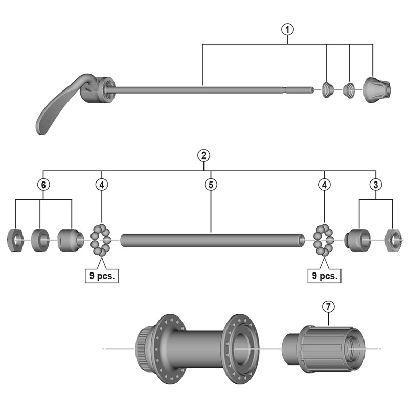 Shimano Spares FH-MT200-B complete hub axle, silver